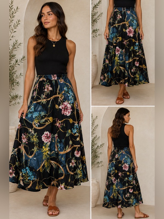 Mlle Gabrielle Dresses & Skirts - Mlle Gabrielle Black Floral A-Line Skirt with Pink & Blue Accents